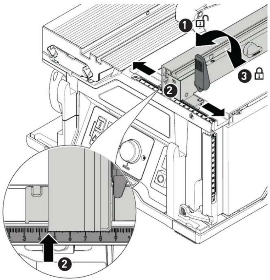 Technical diagram of a printer internal structure with labeled parts and a magnified view showing measurement setup.