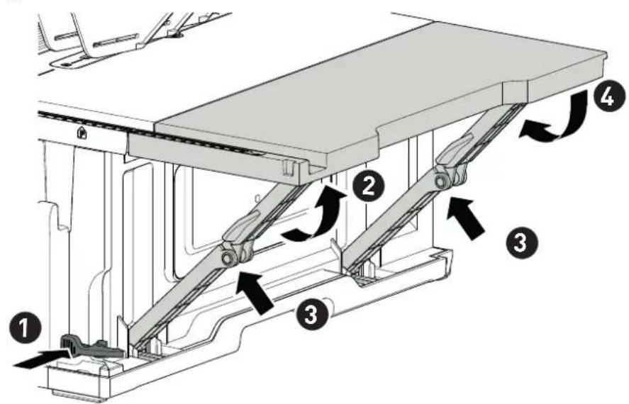 Technical diagram of a mechanical lift or suspension system with numbered components and directional arrows indicating motion.
