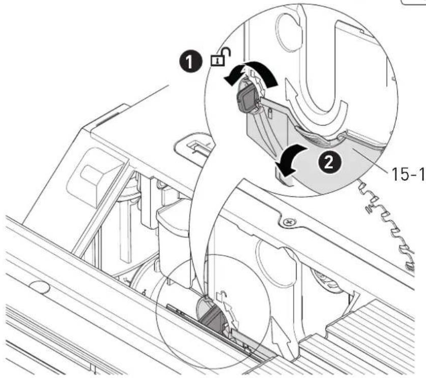 Technical diagram showing mechanical assembly with labeled parts and directional arrows indicating motion or movement