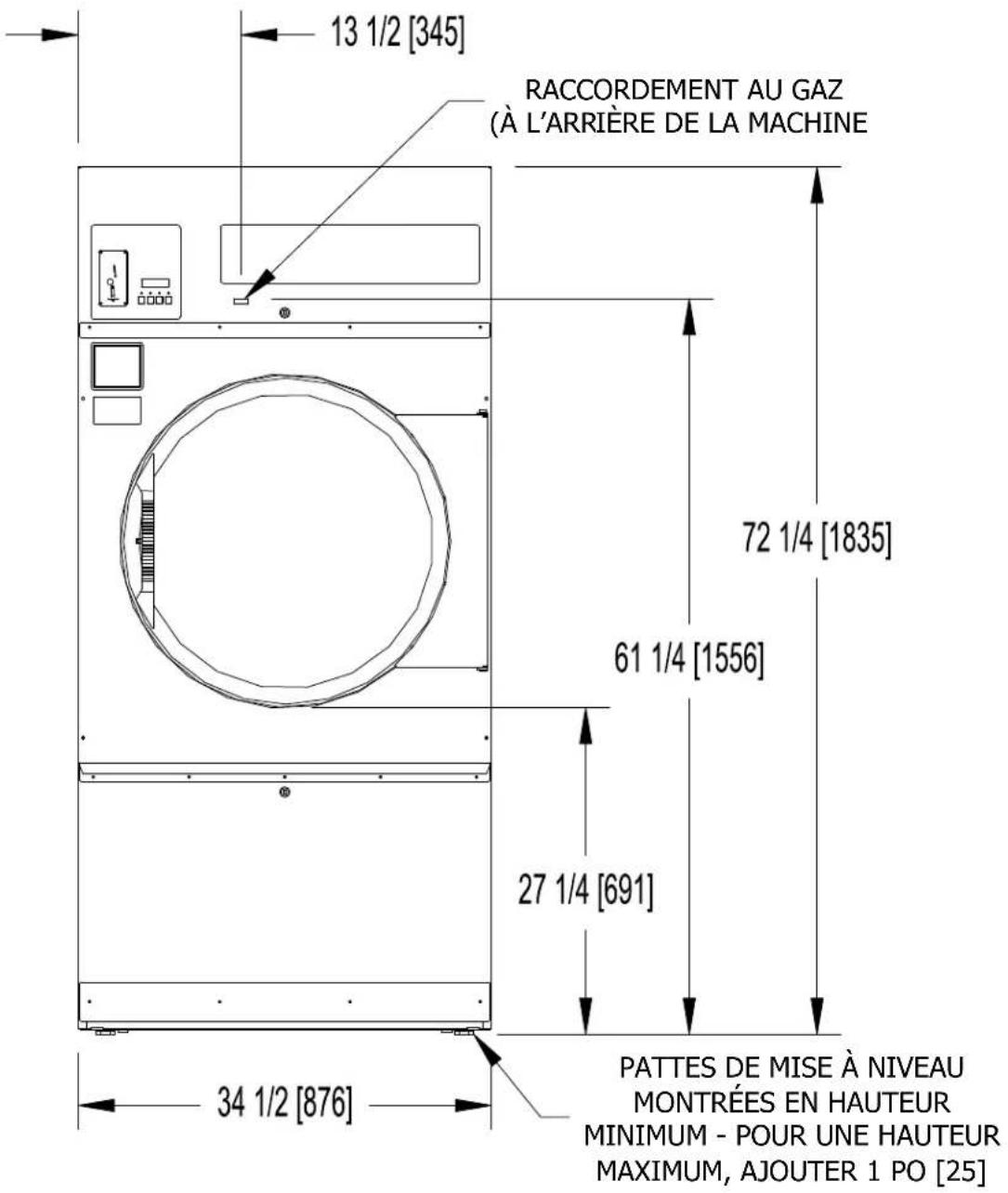 Dexter Laundry T50 - Dimensions de la sécheuse T-50 - VUE de FACE - 1