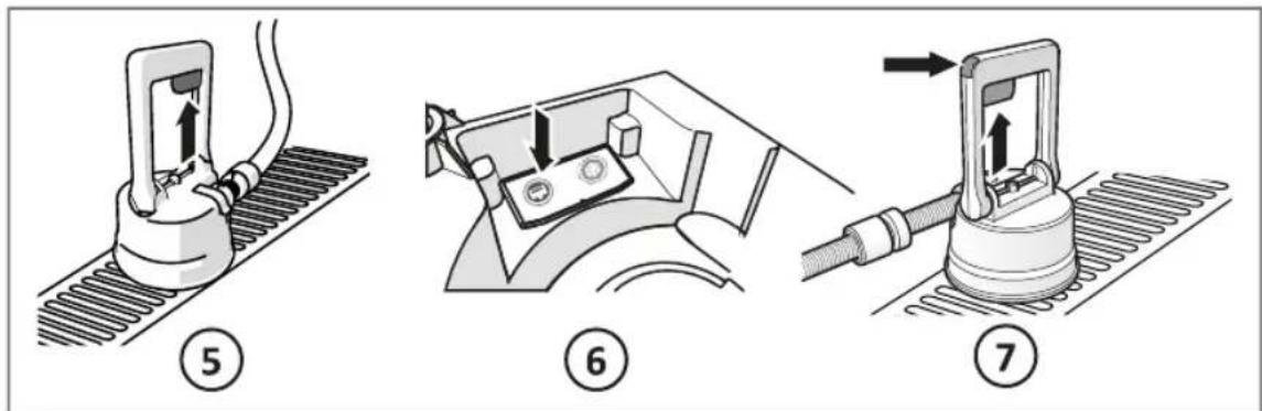 Diagram showing three steps of a mechanical device operation: pressing, turning, and pouring into a rack.