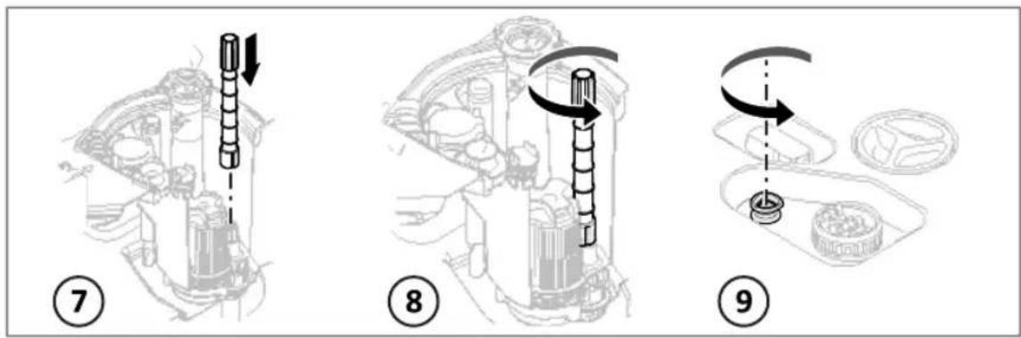 Diagram illustrating three steps of a mechanical device operation: step 7, step 8, and step 9 with directional arrows indicating motion.