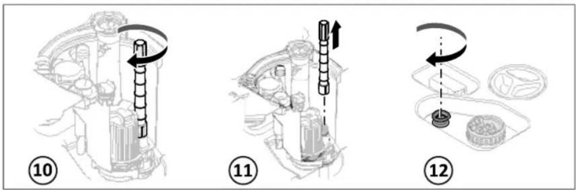 Technical diagram illustrating three mechanical assembly steps with numbered annotations (10, 11, 12) and directional arrows indicating motion.