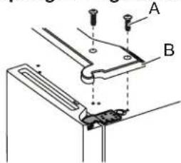 Technical diagram showing labeled components A and B with alignment indicators and a mechanical component detail