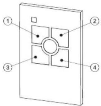 Diagram of a four-pin device with numbered components and mounting holes