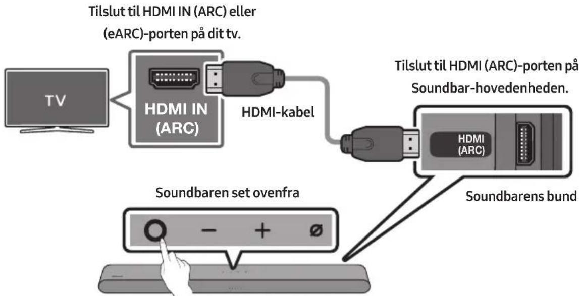 Tilslut til HDMI IN (ARC) eller (eARC)-porten på dit tv. HDMI IN (ARC) HDMI-kabel Tilslut til HDMI (ARC)-porten på Soundbar-hovedheden. HDMI (ARC) Soundbaren set ovenfra Soundbarens bund