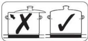 Diagram showing two cooking pots with checkmark symbols: one marked with X, the other with a checkmark.