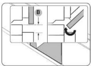 Diagram showing a mechanical or architectural component with labeled section B and directional arrow, likely illustrating a motion or assembly process.