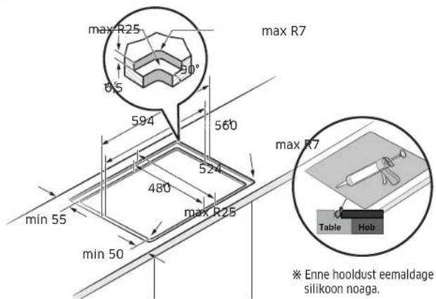 max R25 8.5 90° 594 560 524 480 max R25 min 55 min 50 max R7 max R7 Table Hob ※ Enne hooldust eemaldage silikoon noaga.