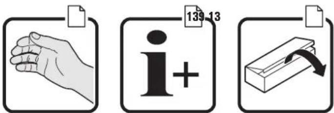 Three-step diagram illustrating a hand holding an icon, an information symbol with plus sign, and a document with arrow indicating direction.