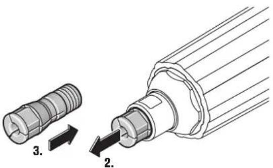 Technical diagram showing two mechanical components with numbered arrows indicating assembly or transformation steps.