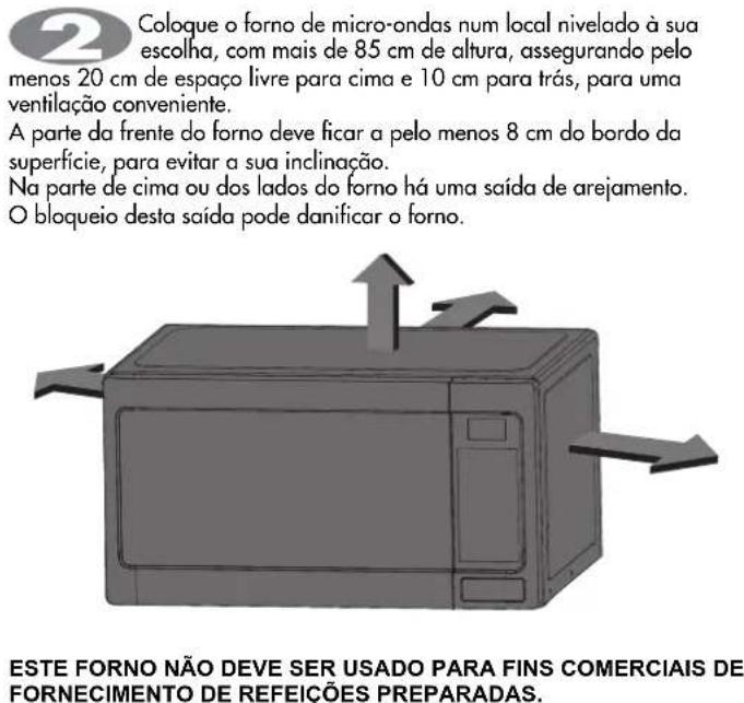 Coloque o forno de micro-ondas num local nivelado à sua escolha, com mais de 85 cm de altura, assegurando pelo menos 20 cm de espaço livre para cima e 10 cm para trás, para uma ventilação conveniente. A parte da frente do forno deve ficar a pelo menos 8 cm do bordo da superfície, para evitar a sua inclinação. Na parte de cima ou dos lados do forno há uma saída de arejamento. O bloqueio desta saída pode danificar o forno. ESTE FORNO NÃO DEVE SER USADO PARA FINS COMERCIAIS DE FORNECIMENTO DE REFEIÇÕES PREPARADAS.