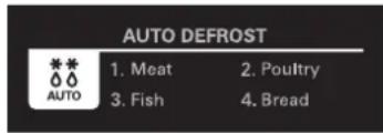 AUTO DEFROST 1. Meat 2. Poultry 3. Fish 4. Bread