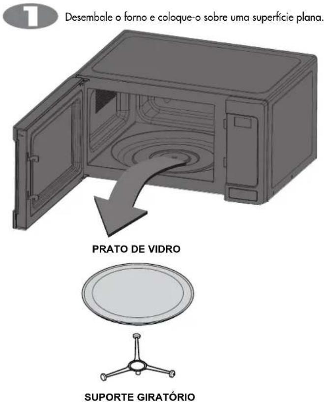 Desembale o forno e coloque-o sobre uma superfície plana. PRATO DE VIDRO SUPORTE GIRATÓRIO
