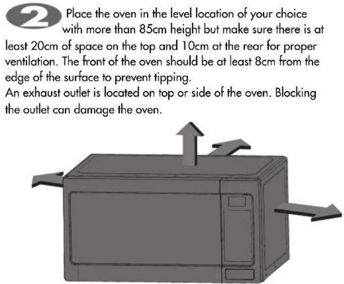 Place the oven in the level location of your choice with more than 85cm height but make sure there is at least 20cm of space on the top and 10cm at the rear for proper ventilation. The front of the oven should be at least 8cm from the edge of the surface to prevent tipping. An exhaust outlet is located on top or side of the oven. Blocking the outlet can damage the oven.