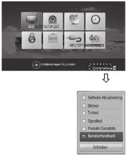BILD AUDIO SETUP ZEIT INPLUTOPTÄNBERREIKEN Ein Bildinste langen DK gel zueller. Software-Aktualisierung Bildiest Tontest Signallest Produkt-/Dienstinfo Berutzerhandbuch Schließen