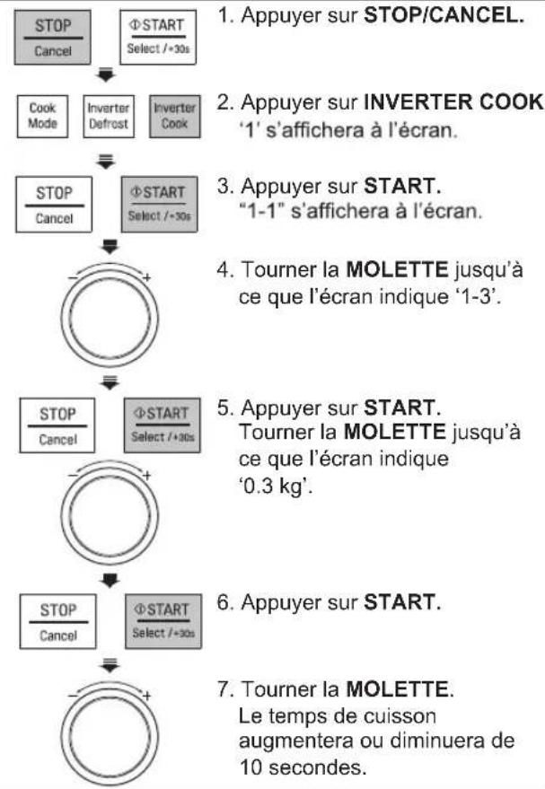 LG MJ3965BCS - Exemple : pour régler le temps de cuisson du programme automatique de cuisson (ex. 0,3 kg nuggets de poulet), sur une durée plus longue, ou pour une durée plus courte - 1