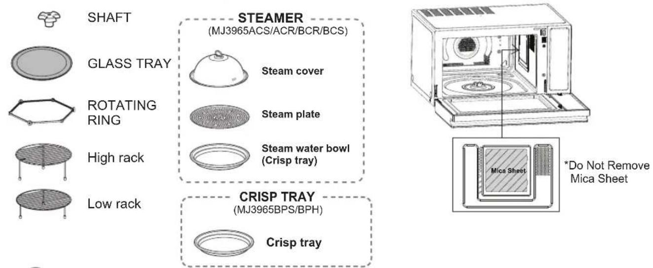 SHAFT STEAMER (MJ3965ACS/ACR/BCR/BCS) GLASS TRAY Steam cover ROTATING RING Steam plate High rack Steam water bowl (Crisp tray) Low rack CRISP TRAY (MJ3965BPS/BPH) Crisp tray *Do Not Remove Mica Sheet Mica Sheet