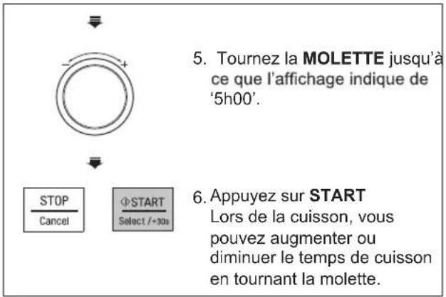 5. Tournez la MOLETTE jusqu'à ce que l'affichage indique de '5h00'. STOP Cancel START Select /+30s 6. Appuyez sur START Lors de la cuisson, vous pouvez augmenter ou diminuer le temps de cuisson en tournant la molette.