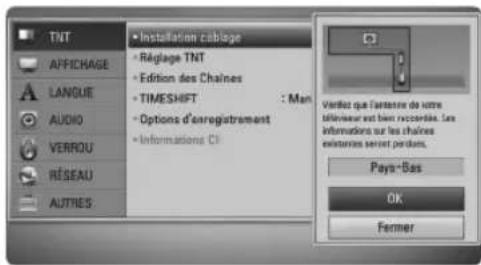 TNT AFFICHAGE LANQUE AUDIO VERROU RÉSEAU AUTRES • Installation cableage • Réglage TNT • Édition des Chaînes • TIMESHIFT : Man • Options d'enregistrement • Informations CI Verdôt que l'antenne de votre teliméureur est bien concernés. Les informations sur les chaînes existeurs seront perduits. Pays-Bas OK Fermer