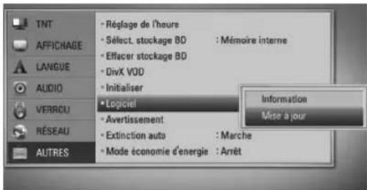 TNT AFFICHAGE LANGUE AUDIO VERROU RÉSEAU AUTRES • Réçage de l'hours • Sélect. stockage BD : Mémoire interne • Effacer stockage BD • DivX VOD • Initialiser • Logiciel • Avertissement • Extinction auto : Marche • Mode économie d'énergie : Arrêt Information Mise à jour