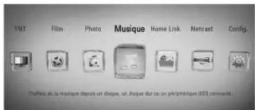 TNT Film Photo Musique Home Link Netcast Config. Pouffins de la musique depuis un disque, un risque dur ou un périphérique USB commouté...