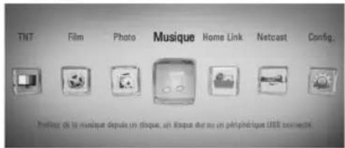 TNT Film Photo Musique Home Link Netcast Config. Protice de la musique depuis un disque, un disque dur ou un périphérique USB connectifs.