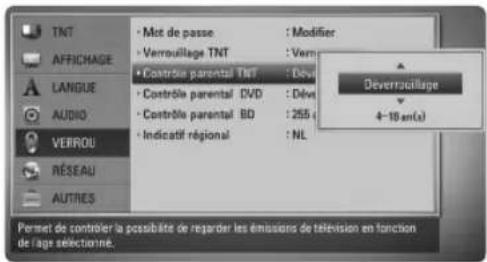 TNT AFFRICHAGE LANGUAGE AUDIO VERROU RÉSEAU AUTRES • Mot de passe : Modifier • Verrouillage TNT : Verr • Contrôle parental TNT : Devu • Contrôle parental DVD : Devu • Contrôle parental BD : 255 • Indicatif régional : NL Permet de contrôler la possibilité de regarder les émissions de television en fonction de l'age sélectionné.