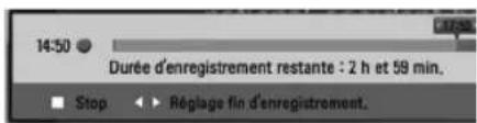 14:50 Durée d'enregistrement restante : 2 h et 59 min. Stop ▶ Réglage fin d'enregistrement.