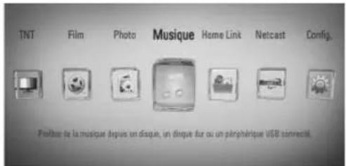 TNT Film Photo Musique Home Link Netcast Config. ProPhase de la musique depuis un disque, un disque dur ou un plinhérique USB connectir.