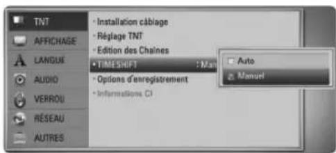 TNT AFFRICHAGE LANGUAGE AUDIO VERROU RÉSEAU AUTRES • Installation câblage • Réplage TNT • Edition des Chaines • TIME SHIFT : Man • Options d'enregistrement • Informations CI Auto Manuel