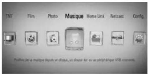 TNT Film Photo Musique Home Link Netcast Config. Pouffez de la musique depuis un disque, un disque dur ou un périphérique USB connecté.