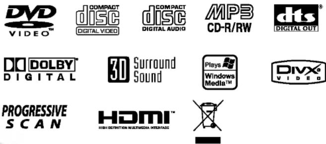DVD VIDEO™ COMPACT DISC DIGITAL VIDEO COMPACT DISC DIGITAL AUDIO MPB CD-R/RW dts® DIGITAL OUT DO DOLBY® DIGITAL 3D Surround Sound Plays Windows Media™ DIVX® VIDEO PROGRESSIVE SCAN HDMI™ HIGH DEFINITION MULTIMEDIA INTERFACE