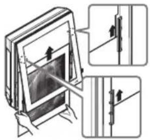 Diagram illustrating a mechanical assembly or mounting process with labeled components and directional arrows indicating movement.