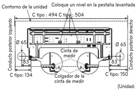Contorno de la unidad Coloque un nivel en la pestaña levantada C tipo : 494 C tipo : 504 Ø 65 Cinta de medir Ø 65 Conducto posterior izquierdo 83 C tipo: 134 Colgador de la cinta de medir C tipo: 150 (Unidad: