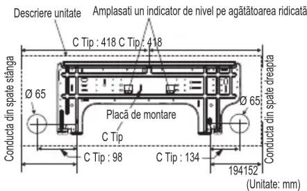 Descriere unitate Amplasati un indicator de nivel pe agătătoarea ridicată C Tip : 418 C Tip : 418 Ø 65 Placă de montare C Tip C Tip : 98 C Tip : 134 Ø 65 Conducta din spate strepta 194152 (Unitate: mm)