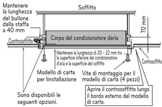 Mantenere la lunghezza del bullone dalla staffa a 40 mm Controsoffitto Soffitto Corpo del condizionatore daria 70 mm Controsoffitto Mantenere la lunghezza di 20 ~ 22 mm tra la superficie inferiore del condizionatore d'aria e la superficie del soffitto Modello di carta per installazione Vite di montaggio per il modello di carta (4 pezzi) Aprire il controsoffitto lungo il bordo esterno del modello di carta. Sono disponibili le seguenti opzioni.