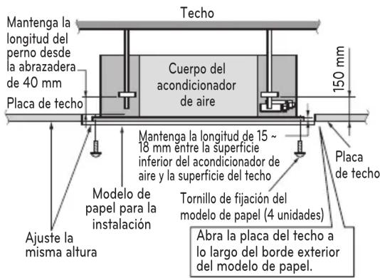 Techo Mantenga la longitud del perno desde la abrazadera de 40 mm Placa de techo Cuerpo del acondicionador de aire 150 mm Ajuste la misma altura Modelo de papel para la instalación Mantenga la longitud de 15 ~ 18 mm entre la superficie inferior del acondicionador de aire y la superficie del techo Tornillo de fijación del modelo de papel (4 unidades) Placa de techo Abra la placa del techo a lo largo del borde exterior del modelo de papel.