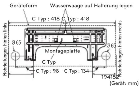 Geräteform Wasserwaage auf Halterung legen C Typ : 418 C Typ : 418 Monfageplatte C Typ C Typ : 98 C Typ : 134 Rohrleitungen hinten links Ø 65 Ø 65 Rohrleitungen hinten rechts 194152 (Gerät: mm)
