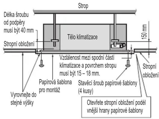 Délka šroubu od podpěry musí být 40 mm Stropní obložení Tělo klimatizace 150 mm Vzdálenost mezi spodní částí klimatizace a povrchem stropu musí být 15 – 18 mm. Papírová šablona pro montáž Stavěcí šroub papírové šablony (4 kusy) Otevřete stropní obložení podél vnější hrany papírové šablony Stropní obložení Vyrovnejte do stejné výšky