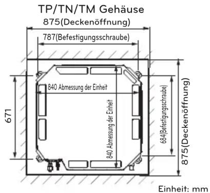 TP/TN/TM Gehäuse 875(Deckenöffnung) 787(Befestigungsschraube) 840 Abmessung der Einheit 840 Abmessung der Einheit 671 684(Befestigungsschraube) 875(Deckenöffnung) Einheit: mm