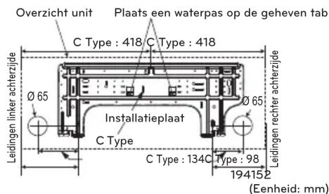 Overzicht unit Plaats een waterpas op de geheven tab C Type : 418 C Type : 418 Ø 65 Leidingen linker achterzijde Installatieplaat C Type C Type : 134C Type : 98 Leidingen rechter achterzijde 194152 (Eenheid: mm)