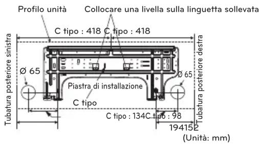 Profilo unità Collocare una livella sulla linguetta sollevata C tipo : 418 C tipo : 418 Ø 65 Piastra di installazione C tipo C tipo : 134C tipo : 98 194152 Tubatura posteriore sinistra Tubatura posteriore destra (Unità: mm)