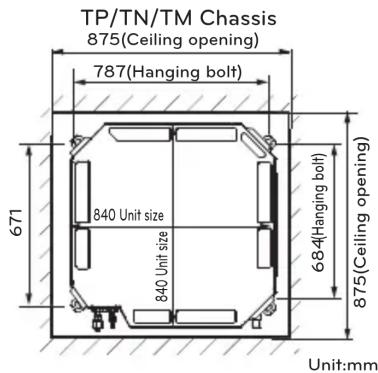 TP/TN/TM Chassis 875(Ceiling opening) 787(Hanging bolt) 671 840 Unit size 840 Unit size 68-4(Hanging bolt) 875(Ceiling opening) Unit:mm