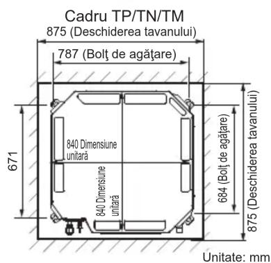 Cadru TP/TN/TM 875 (Deschiderea tavanului) 787 (Bolt de agățare) 671 840 Dimensiune unitară 840 Dimensiune unitară 684 (Bolt de agățare) 875 (Deschiderea tavanului) Unitate: mm