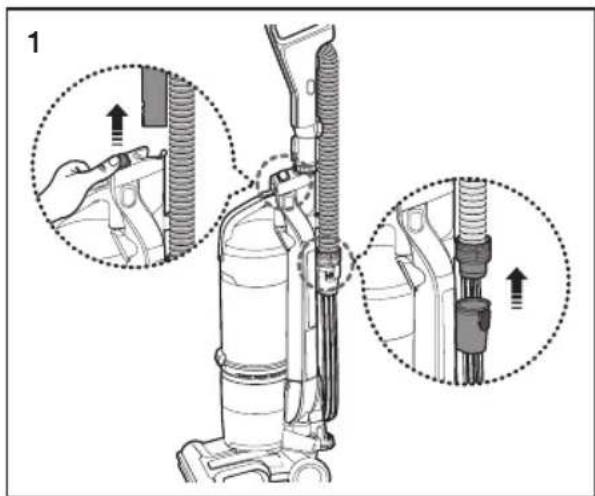 Technical diagram showing a vacuum cleaner's internal structure with two close-up views of the component, labeled with arrows indicating assembly steps.