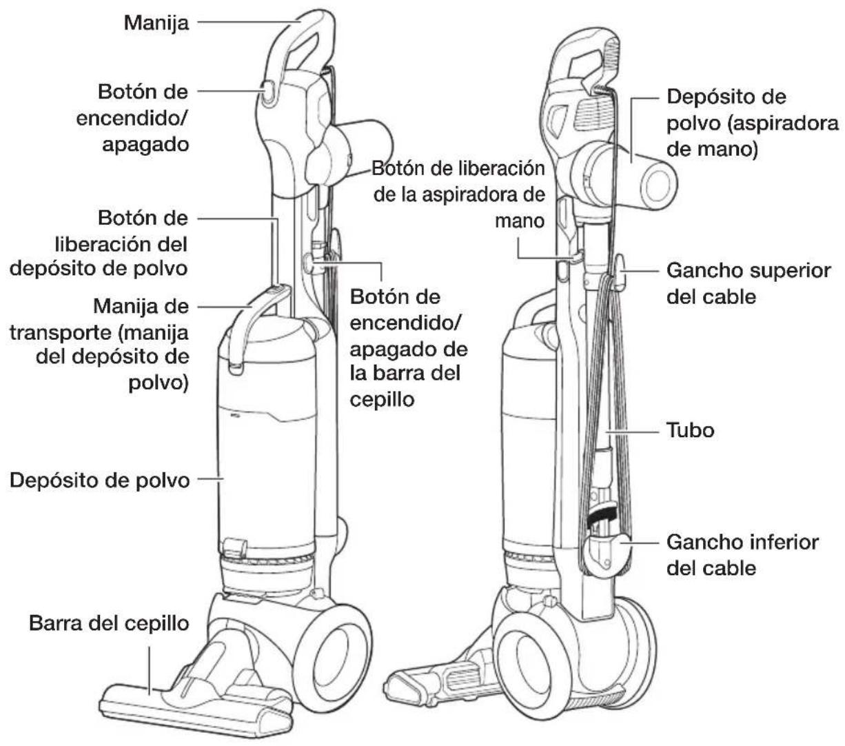 Manija Botón de encendido/apagado Botón de liberación del depósito de polvo Manija de transporte (manija del depósito de polvo) Depósito de polvo Barra del cepillo Botón de liberación de la aspiradora de mano Botón de encendido/apagado de la barra del cepillo Depósito de polvo (aspiradora de mano) Gancho superior del cable Tubo Gancho inferior del cable