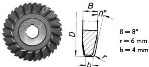B n° D r = 6 mm b = 4 mm β = 8°