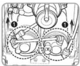 Technical diagram showing mechanical assembly with numbered components and directional arrows indicating motion or flow.