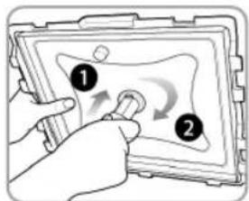 Diagram showing a hand holding a device with two labeled arrows indicating rotation or movement in a device panel.